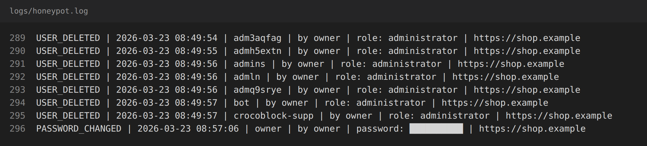 Seven USER_DELETED lines followed by a PASSWORD_CHANGED line